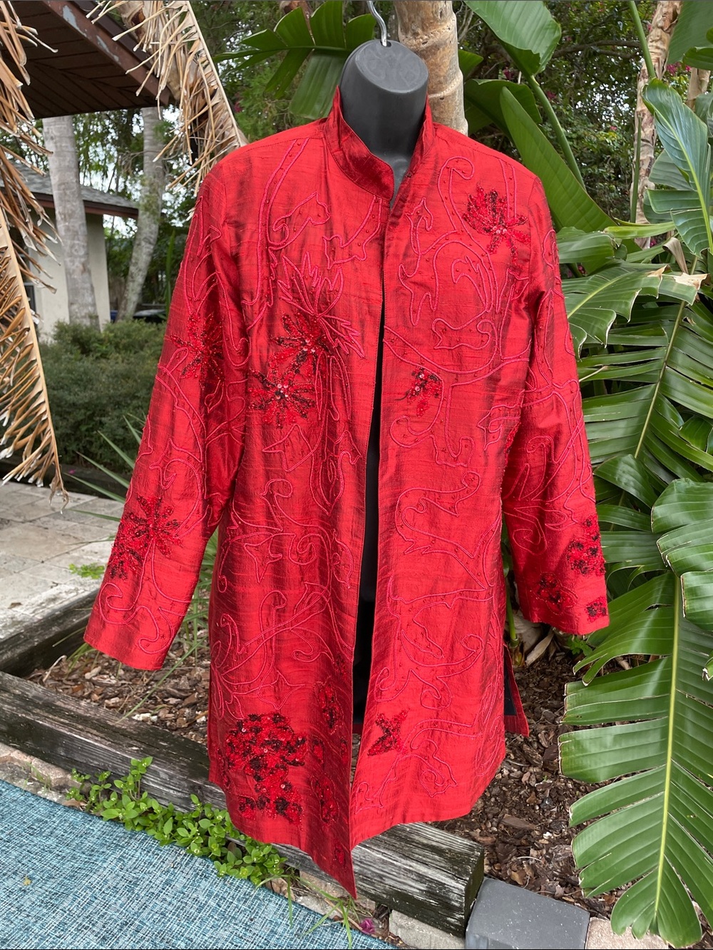 pure silk red suit, Tash embroidered long line jacket